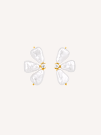 Waterproof gold pearl flower earrings with sculptural faux pearl petals and a Cubic Zirconia center.