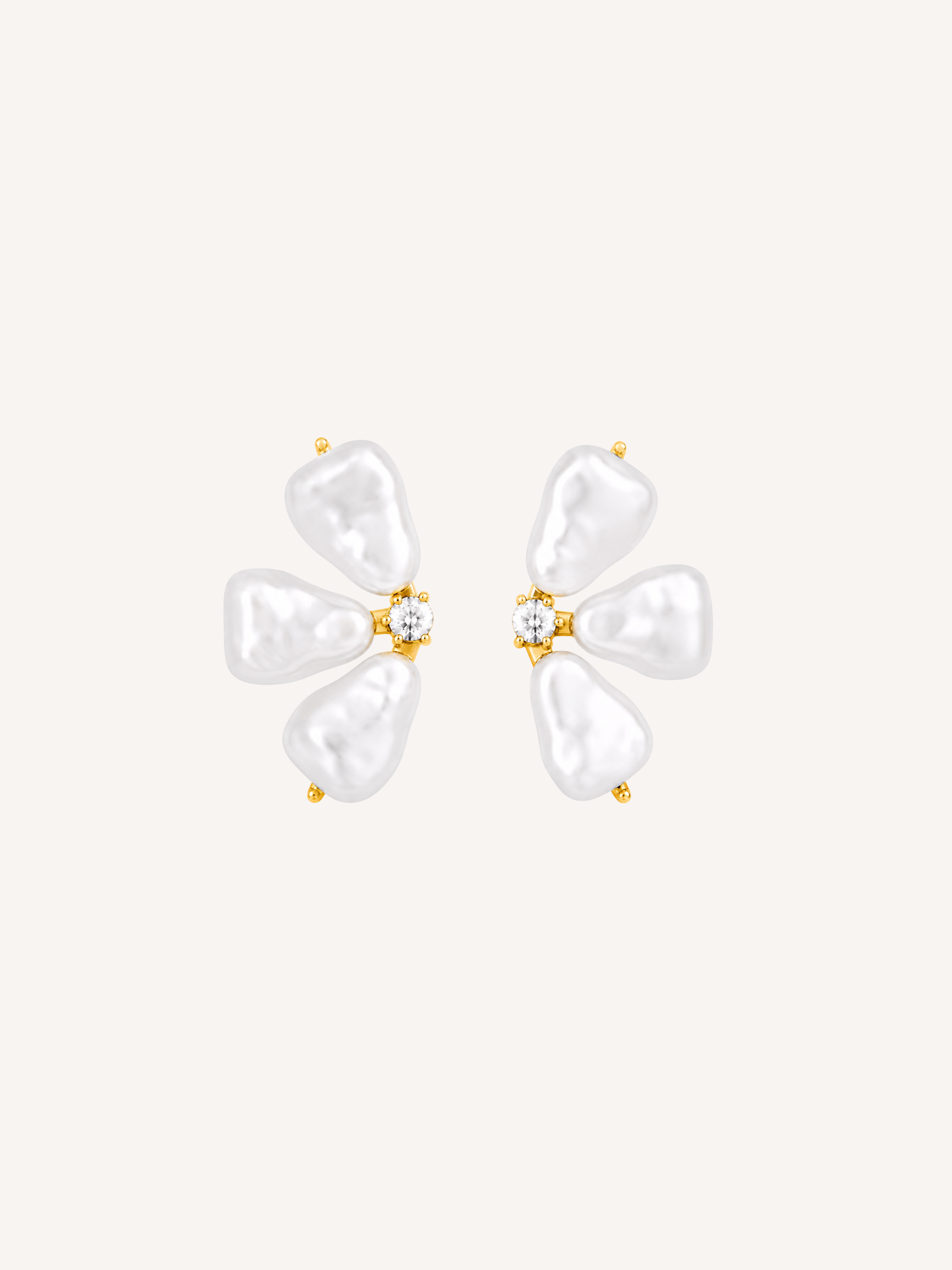 Waterproof gold pearl flower earrings with sculptural faux pearl petals and a Cubic Zirconia center.