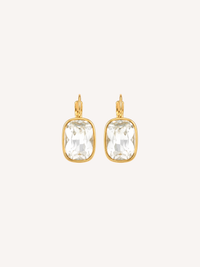 Gold drop earrings featuring large cushion-cut cubic zirconia stones in polished gold settings.