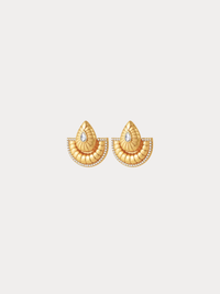 gold fan earrings with sculpted texture and crystal accents inspired by desert sun