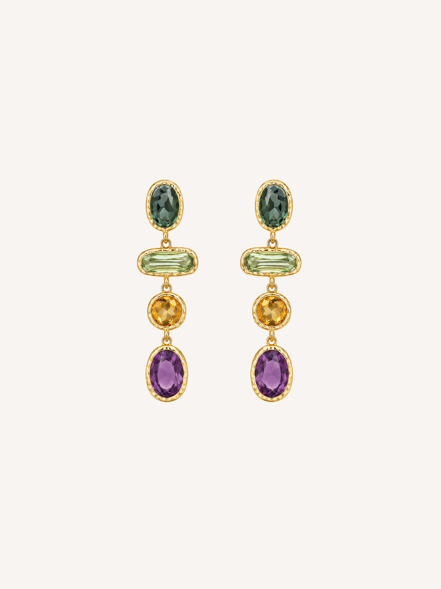 Multicolor statement drop earrings featuring colorful glass stones framed in textured gold.