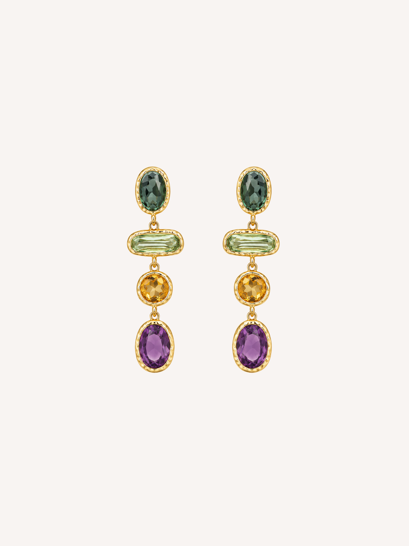 Multicolor statement drop earrings featuring colorful glass stones framed in textured gold.