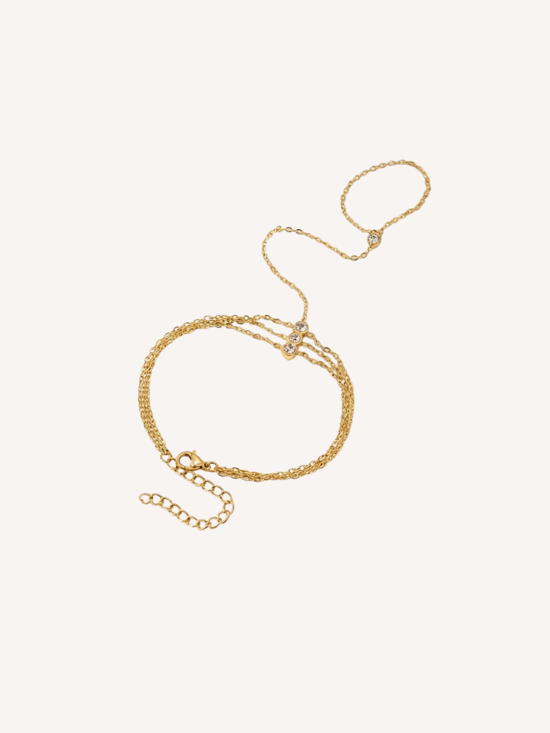 gold handchain bracelet with delicate chains and crystal accents