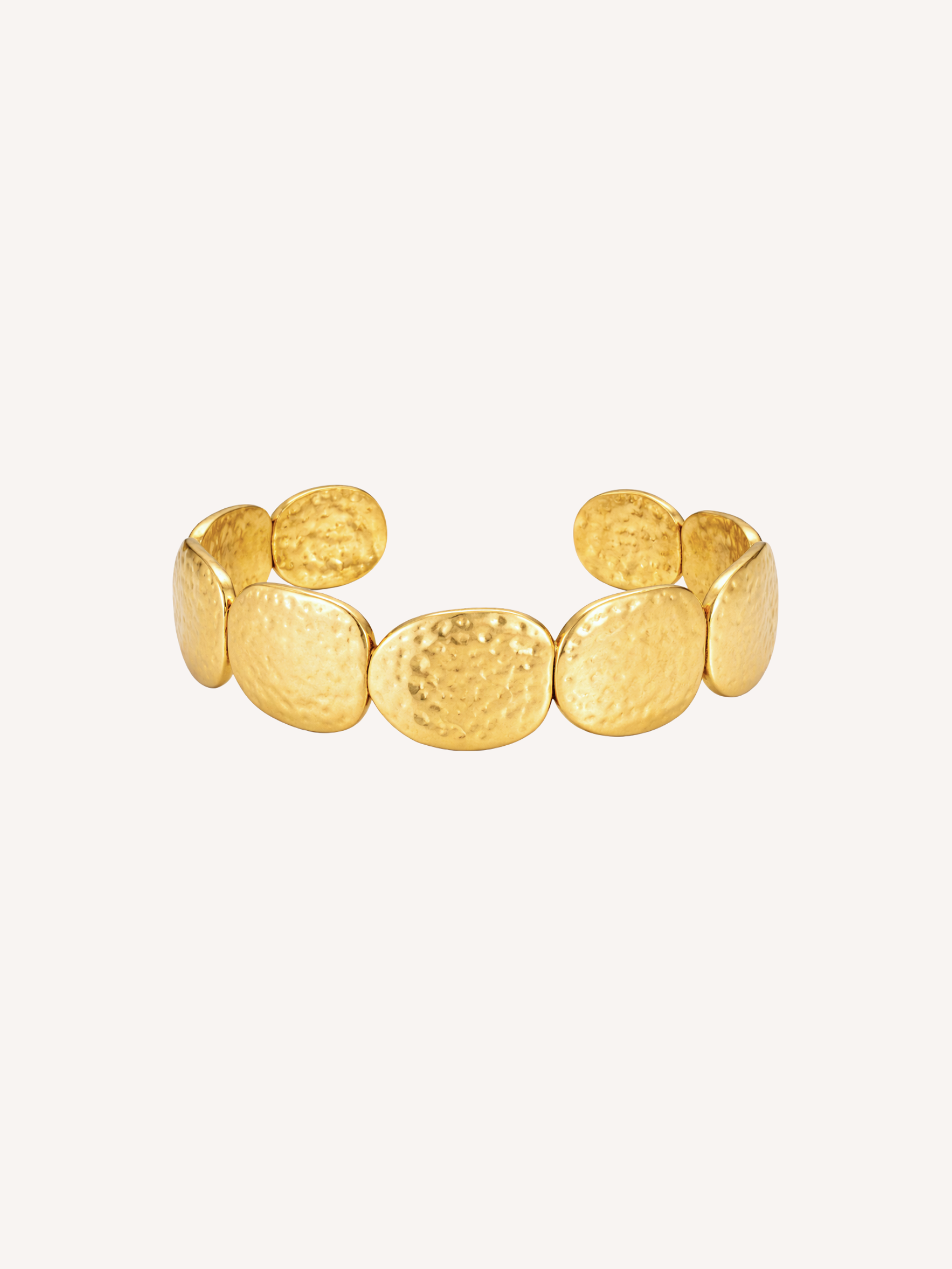 gold cuff bracelet with organic textured oval discs