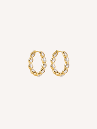 Gold hoop earrings set with pear-shaped cubic zirconia stones.