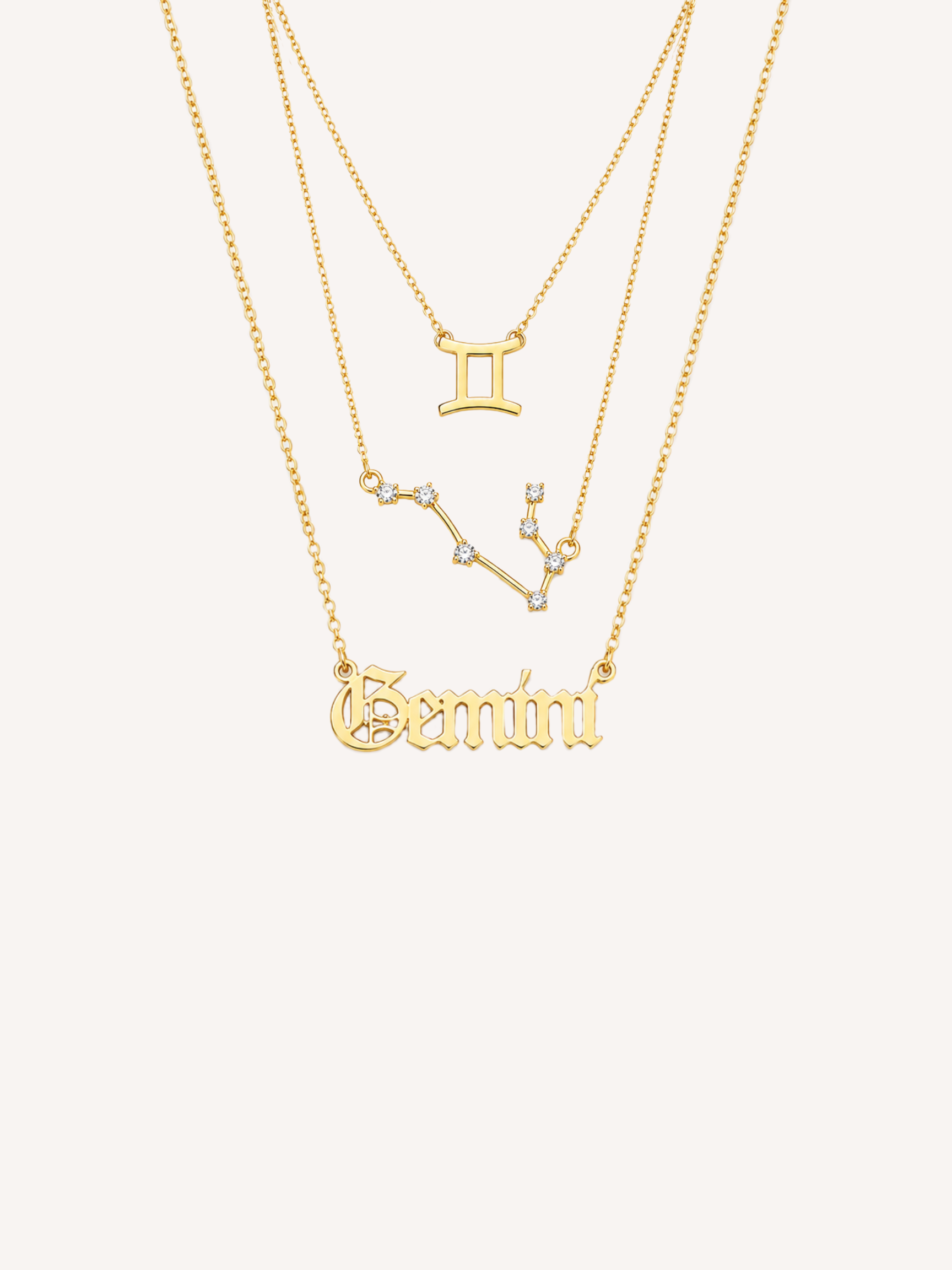 Gold zodiac necklace set featuring a zodiac symbol pendant, constellation necklace, and Old English zodiac nameplate necklace.